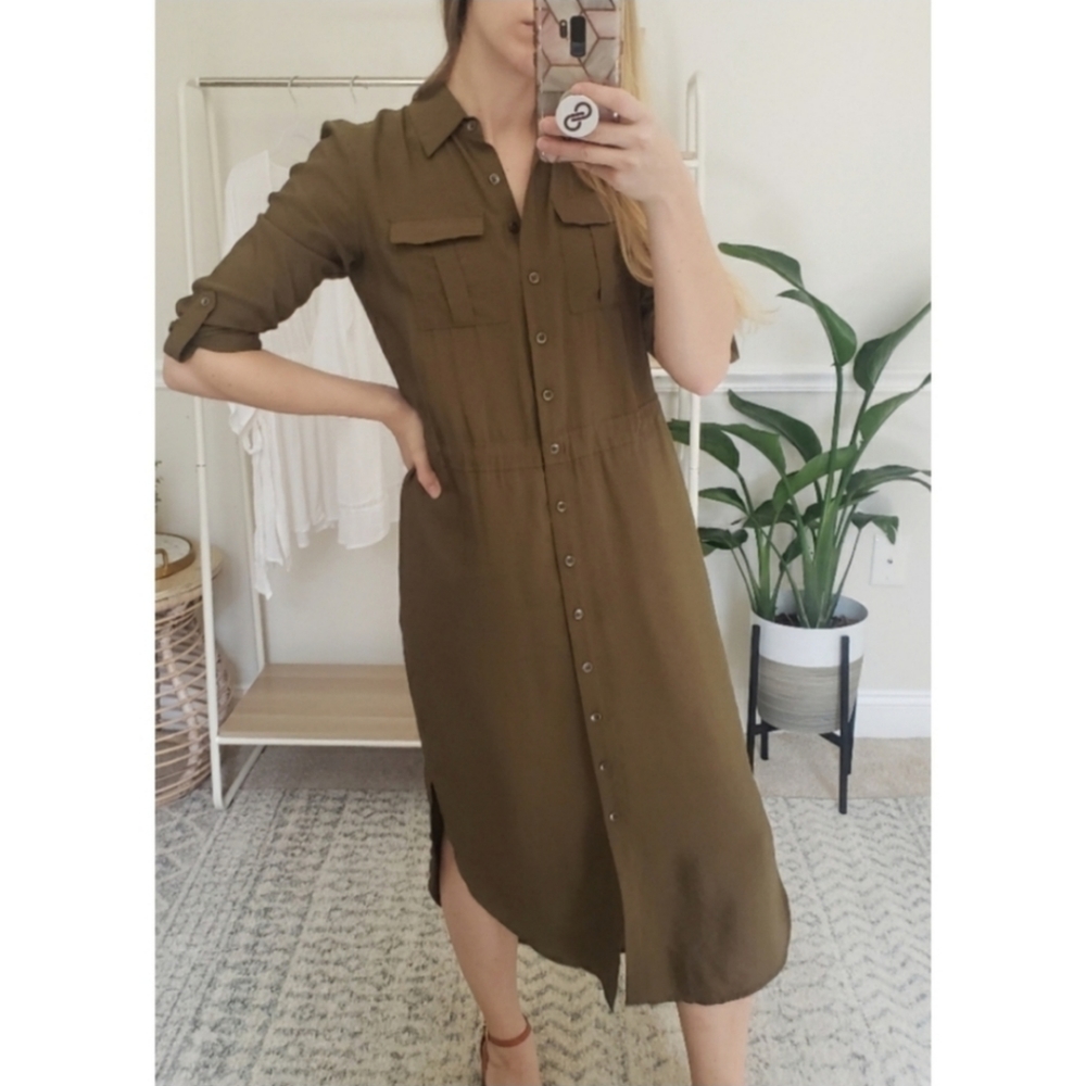 Maeve Anthropologie Button Up Shirt Midi Dress Olive Green XS/S